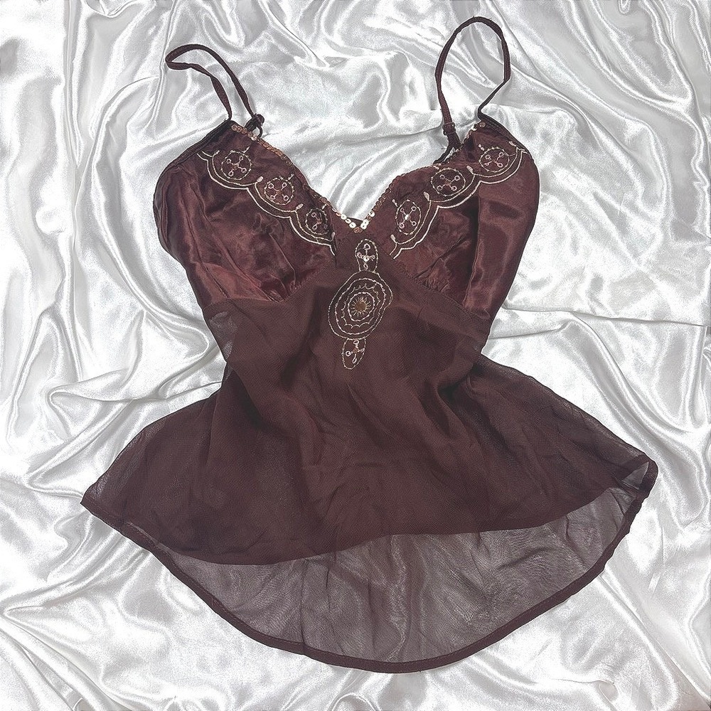 y2k Angie Cami Top Brown Sheer Sequin Embroidered Boho Medallion M - Picture 2 of 6